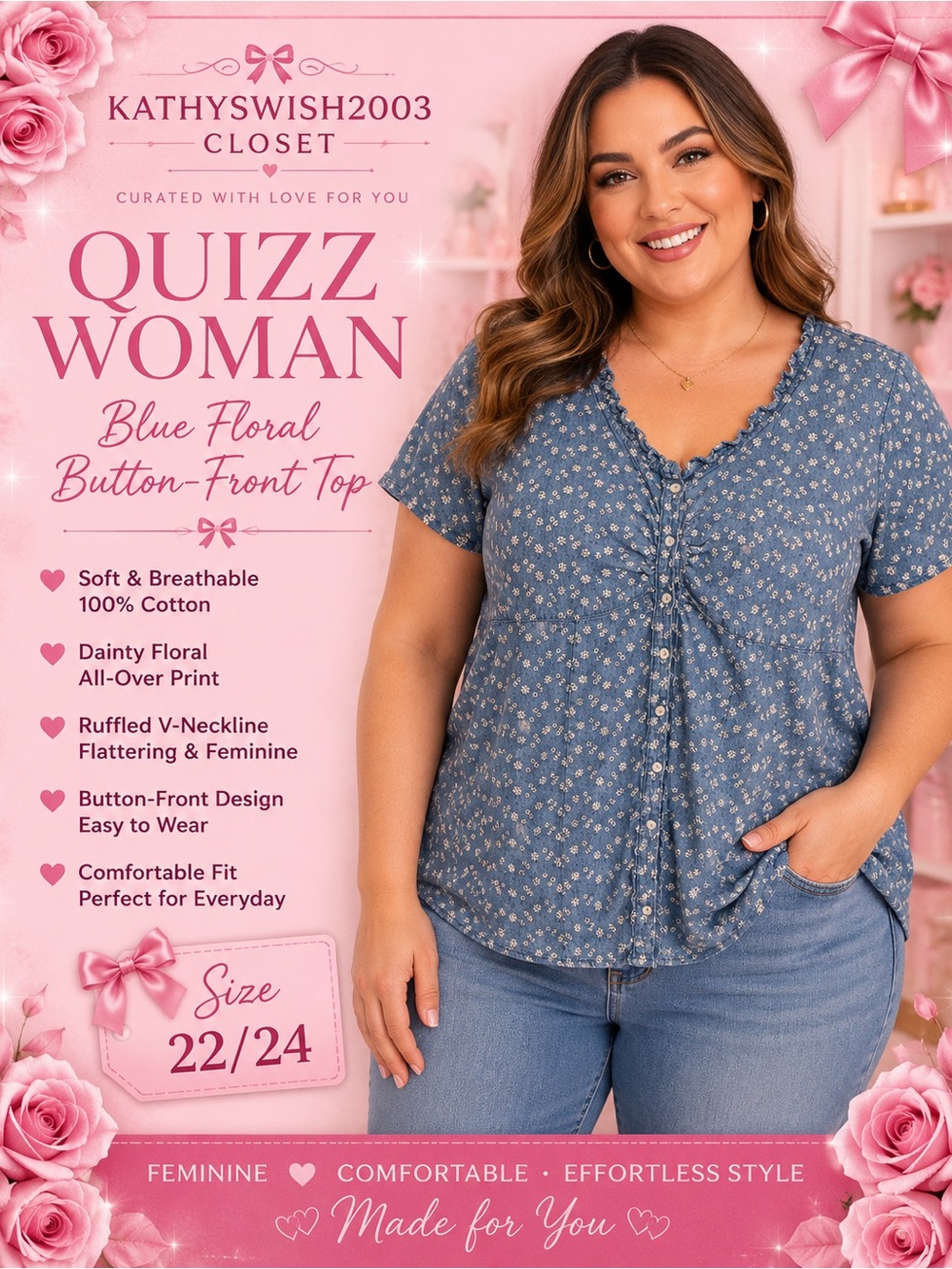 Light Blue Floral Ruffle-Trim Button Front Blouse